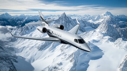 Wall Mural - aerial view of a jet flying over snowy mountains, ample copy space, more clarity with clear light an