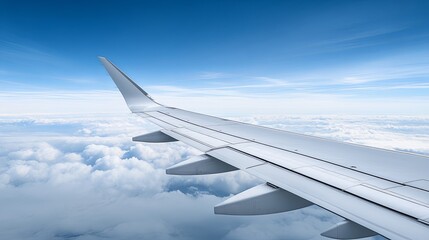 Wall Mural - close-up of airplane wing with clouds, sky background, ample copy space, more clarity with clear lig