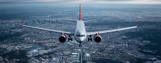 Wall Mural - aerial view of jetliner flying over urban landscape, ample copy space, more clarity with clear light