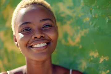 Wall Mural - Fashionable, joyful black woman on green wall mockup. Face, smile, and confident African in formal clothing and white teeth in modern Nigerian outdoor aesthetic.