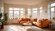 © LetsRock - Scandinavian style interior design of a modern living room in a cozy serene studio apartment with an orange sofa