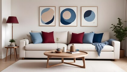 A Scandinavian-style home interior design of a modern living room includes a beige sofa and a wooden round coffee table against a white wall with two frames