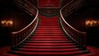 © Vilaysack - Elegant double staircase with plush red carpet in grand, opulent interior, lit by vintage chandeliers, evoking classic luxury and sophistication.
