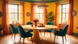 © LetsRock - A round dining table and chairs adorn a vibrant yellow room, creating a bohemian interior design in the modern dining room