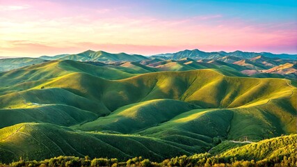 Wall Mural - Aerial view of rolling green hills bathed in the warm glow of a vibrant sunrise.