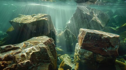 Wall Mural - Lake Superior s distinctive underwater landscape featuring massive rocks