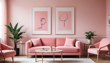 A pink sofa and chair are placed near a wall adorned with two art poster mock-up frames, creating a postmodern Memphis style interior design of the modern living room