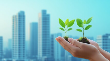 two hands holding small seedlings with a cityscape in the background, representing growth, sustainab