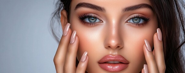 Wall Mural - Close-up portrait of a beautiful woman with perfect makeup, showcasing flawless skin and captivating blue eyes