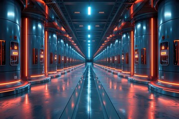 Futuristic data center corridor illuminated with blue and orange lights, showcasing advanced technology and modern infrastructure.