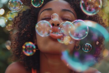 Wall Mural - Woman blowing bubbles in nature, dreamy atmosphere.