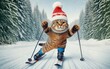© asadykov - tabby cat cross-country skiing knitted cap winter sports activity ski poles snow forest