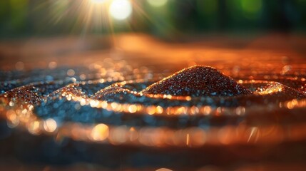 Wall Mural - Close up of sparkling water with a warm, golden sunset reflecting on the surface. The gentle ripples create a mesmerizing play of light and shadow.