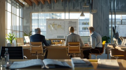 Wall Mural - financial evaluation meeting: generate a photo realistic image of a construction project team in a m