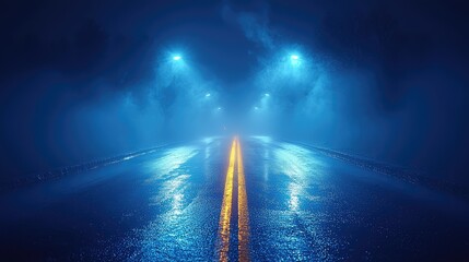 Blue dark background of the empty foggy street with wet asphalt, illuminated by a searchlight, laser beams, smoke 