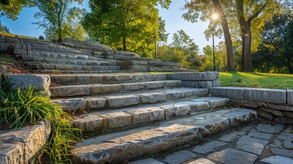 Wall Mural - Stone Steps Leading Up to a Park with Green Trees and Sun Shining Through the Branches.