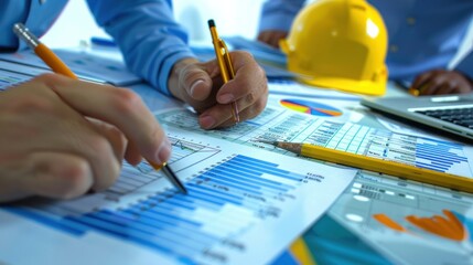 Wall Mural - generate a photo realistic image of a construction project team strategizing expense forecasting, wi