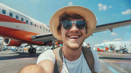 Excited traveler takes a selfie on the airport tarmac, beaming with joy as he stands in front of a vibrant red and white aircraft under clear blue skies.