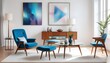 © LetsRock - In a mid-century interior design of a modern living room, a blue armchair sits near a long wooden coffee table against a white wall with a large art canvas poster frame