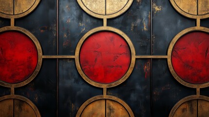 Wall Mural - Artistic circular designs in red and gold adorn a stylish wall, enhancing the ambiance of the contemporary space