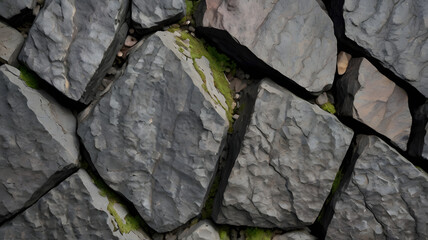 Canvas Print - “Textured gray stone wall with leaves and moss”