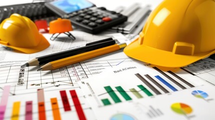 Wall Mural - Generate a photo realistic image of a construction project team strategizing budget adjustment methods, with detailed financial charts and adjustment plans
