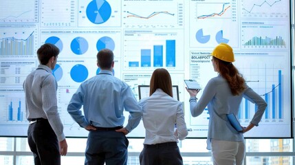Wall Mural - generate a photo realistic image of a construction project team strategizing budget analysis methods