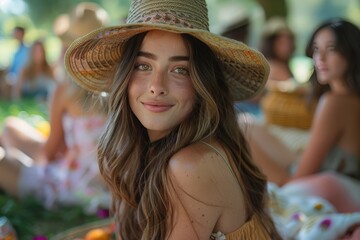 Young woman wearing a straw hat and smiling at an outdoor picnic with friends. Beautiful sunny day and vibrant atmosphere.