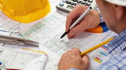 Wall Mural - generate a photo realistic image of a construction project team evaluating budgeting strategies, wit