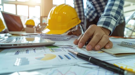 Wall Mural - Generate a photo realistic image of a construction project team evaluating budgeting strategies, with detailed financial charts and evaluation tools