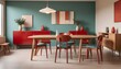 © LetsRock - Interior of a modern dining room with wooden table and red chairs against a beige wall, featuring a sideboard