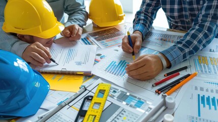 Generate a photo realistic image of a construction project team analyzing budget forecasts, with detailed financial charts and analysis reports; ensure the image is of high resolution for clear 