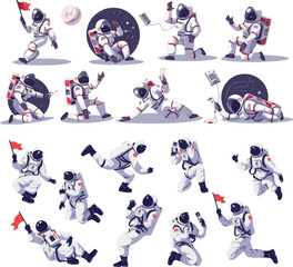 Wall Mural - Astronauts in cartoon suits wearing flags and working with robots. Funny spaceman characters wearing helmets, snugly modern set.