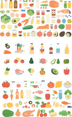 Sticker - Food and drink set. Meat, fish, eggs, flour, vegetables. Products from grocery stores. Juice and healthy food concept. Modern appearance.