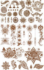 Leinwandbilder - Modern set of henna tattoos and ink sketches. Flowers leaves stems ornamental patterns on brown skin, illustrations on a white background.