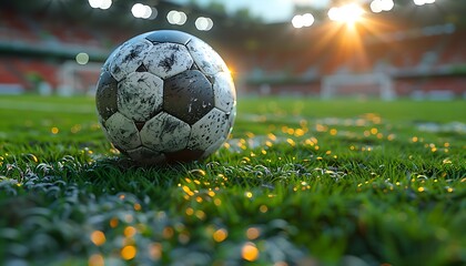 Soccer Ball in a Stadium with Lights. A classic black and white soccer ball on green grass in the center of a stadium, illuminated by spotlights 