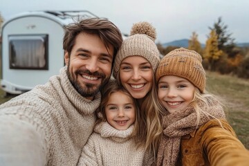 Happy young family with two children ltaking selfie with caravan at background outdoors, Generative AI