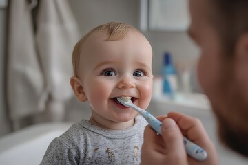 Father brushing little baby boy's teeth in the morning. Morning dental hygiene for toddlers, Generative AI