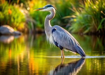 Wall Mural - A serene great heron stands poised in still water, its regal feathers and elegant neck a testament to the beauty of nature's majestic creatures.