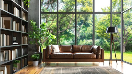 Wall Mural - Modern Living Room Interior With Leather Sofa, Bookshelf, Floor Lamp And Garden View Through The Window 