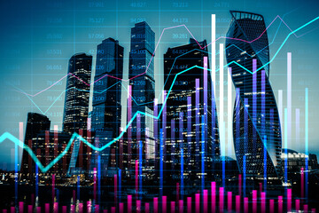 Sticker - Overlay of financial graphs and charts with modern skyscrapers in the background.