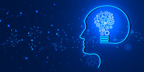 Sticker - Human head silhouette with cogwheels representing a lightbulb on blue background. 3D Rendering