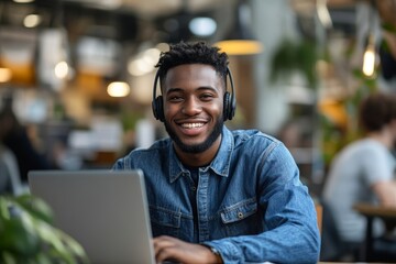 Canvas Print - A smiling young man is standing on a city street in a denim shirt and using a mobile phone. Close-up photo, Generative AI