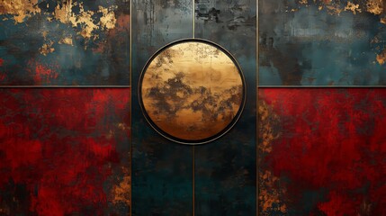 Sticker - A vibrant mural showcases a golden circle surrounded by rich red and blue textures