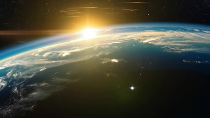 Wall Mural - Curvature of Earth globe, view from space. Sunrise over planet land and ocean.