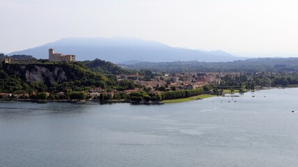 Angera on lake Maggiore, Lombardy, Italy. Aerial view of città Angera