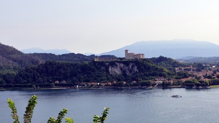 Angera on lake Maggiore, Lombardy, Italy. Aerial view of città Angera