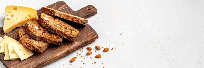 Canvas Print - Snack roast rusk from dark bread with cheese on wooden board. White background. copy space