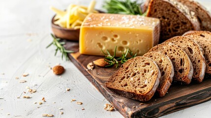 Canvas Print - Snack roast rusk from dark bread with cheese on wooden board. White background. copy space