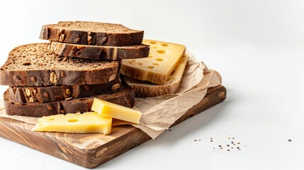 Wall Mural - Snack roast rusk from dark bread with cheese on wooden board. White background. copy space